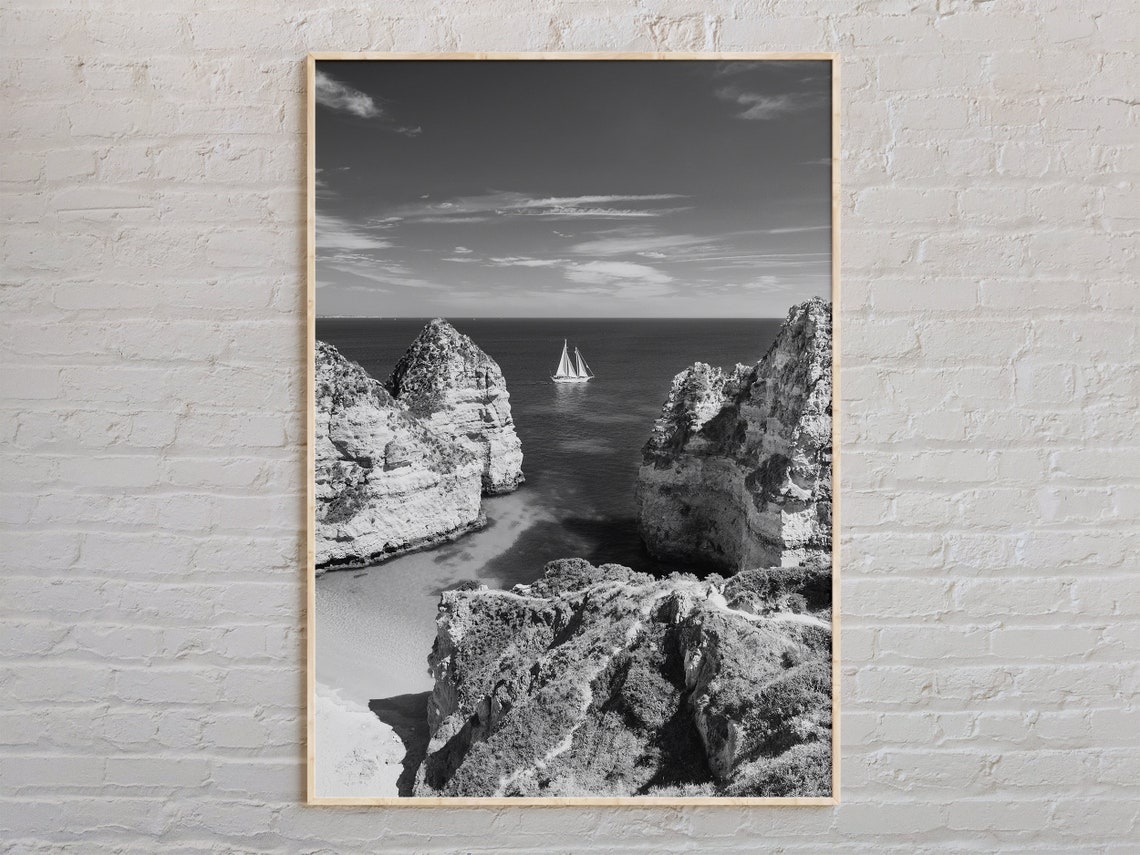 Portugal Algarve Cliffs Sailboat Black And White Coastal Poster