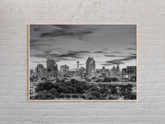 Black and White San Antonio Skyline City Night Photography Poster