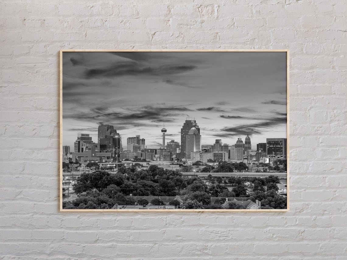 Black and White San Antonio Skyline City Night Photography Poster