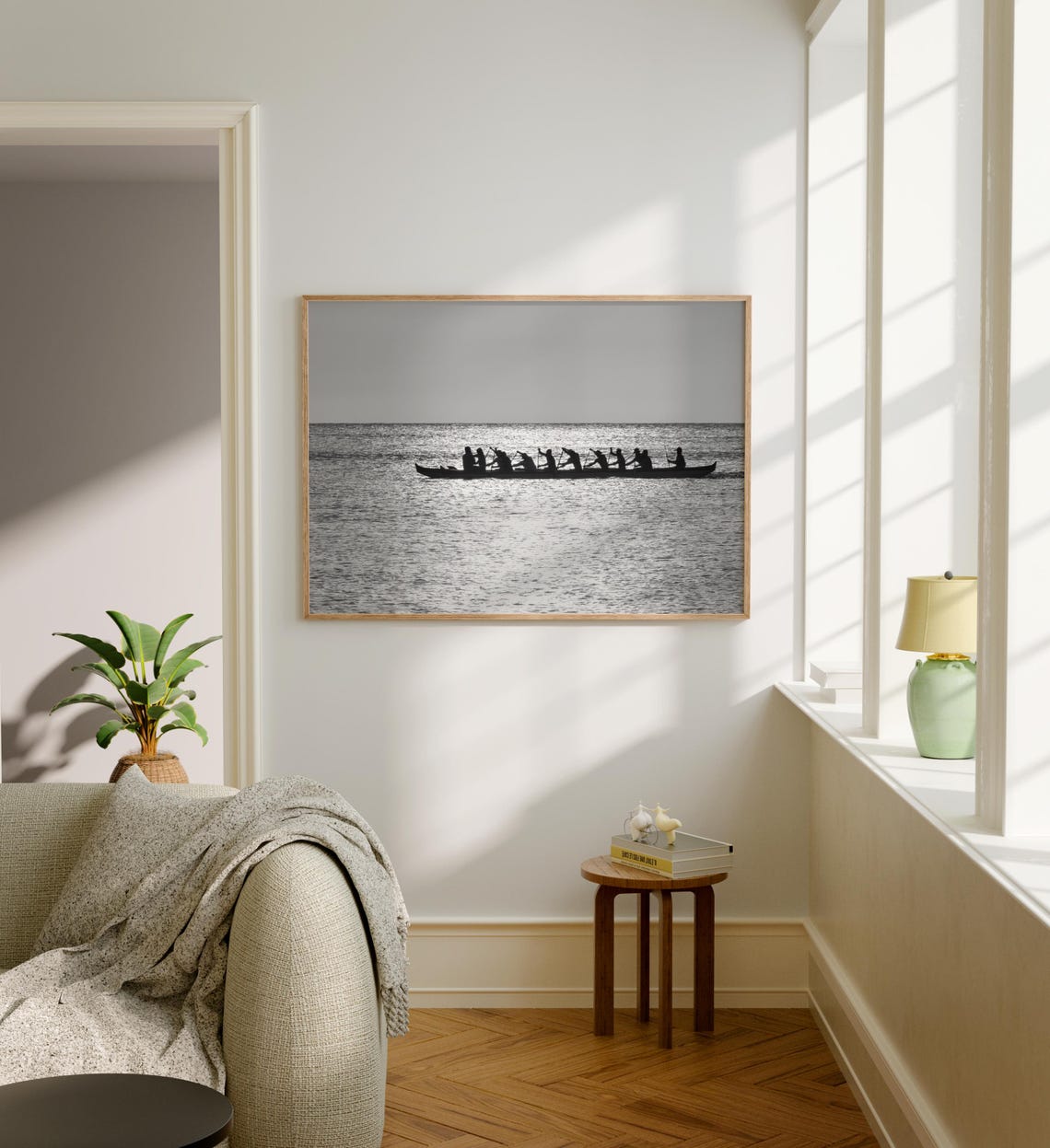 Hanalei Outrigger Canoe Sunrise Silhouette Black and White Poster - Image 5