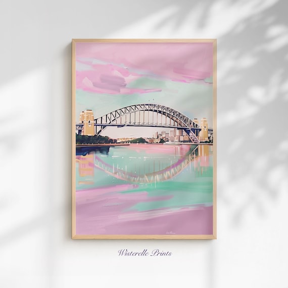 Sydney Harbour Bridge Wall Art Print Modern Pastel Cityscape Painting With Pink Sunset For Girly Dorm Decor