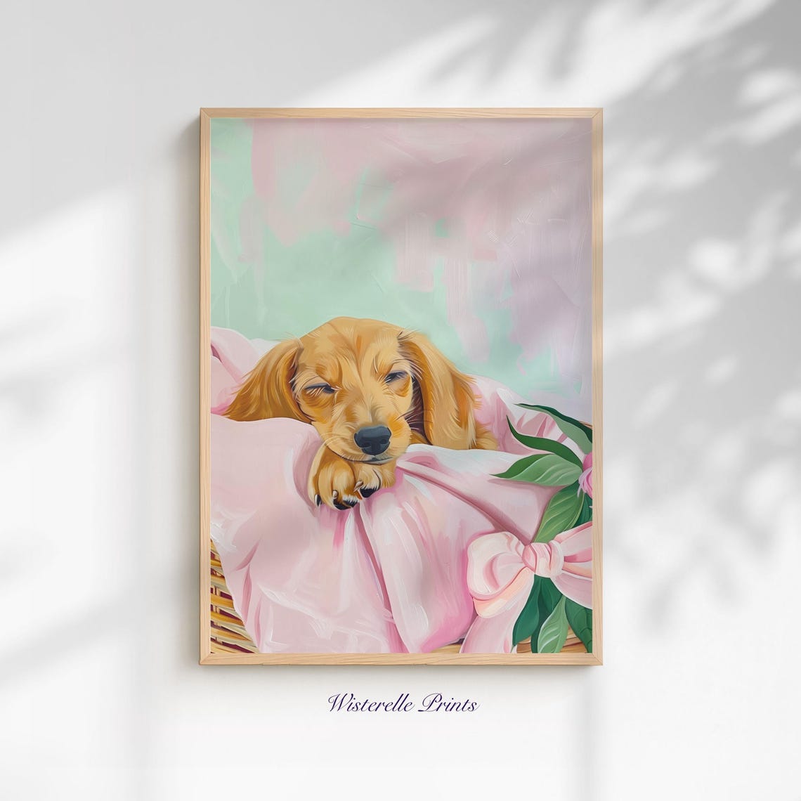 Sleepy Tan Dachshund Puppy in Pink Blanket Cute Nursery Wall Art