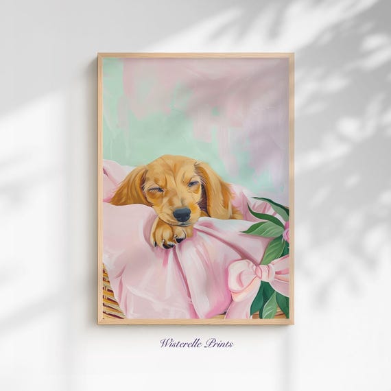 Dachshund Pastel Wall Art Print Cute Floral Dog Decor Pink Sleeping Sausage Illustration Gift Lovers