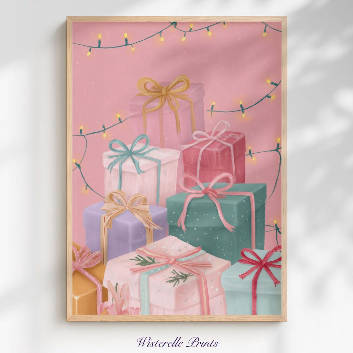 Pastel Pink Christmas Gift Boxes Festive String Lights Holiday Poster