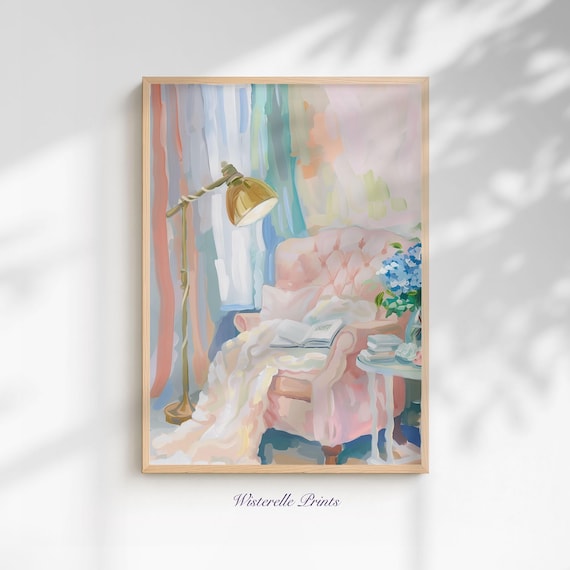 Cozy Pink Armchair Reading Nook Pastel Interior Still Life Art Poster