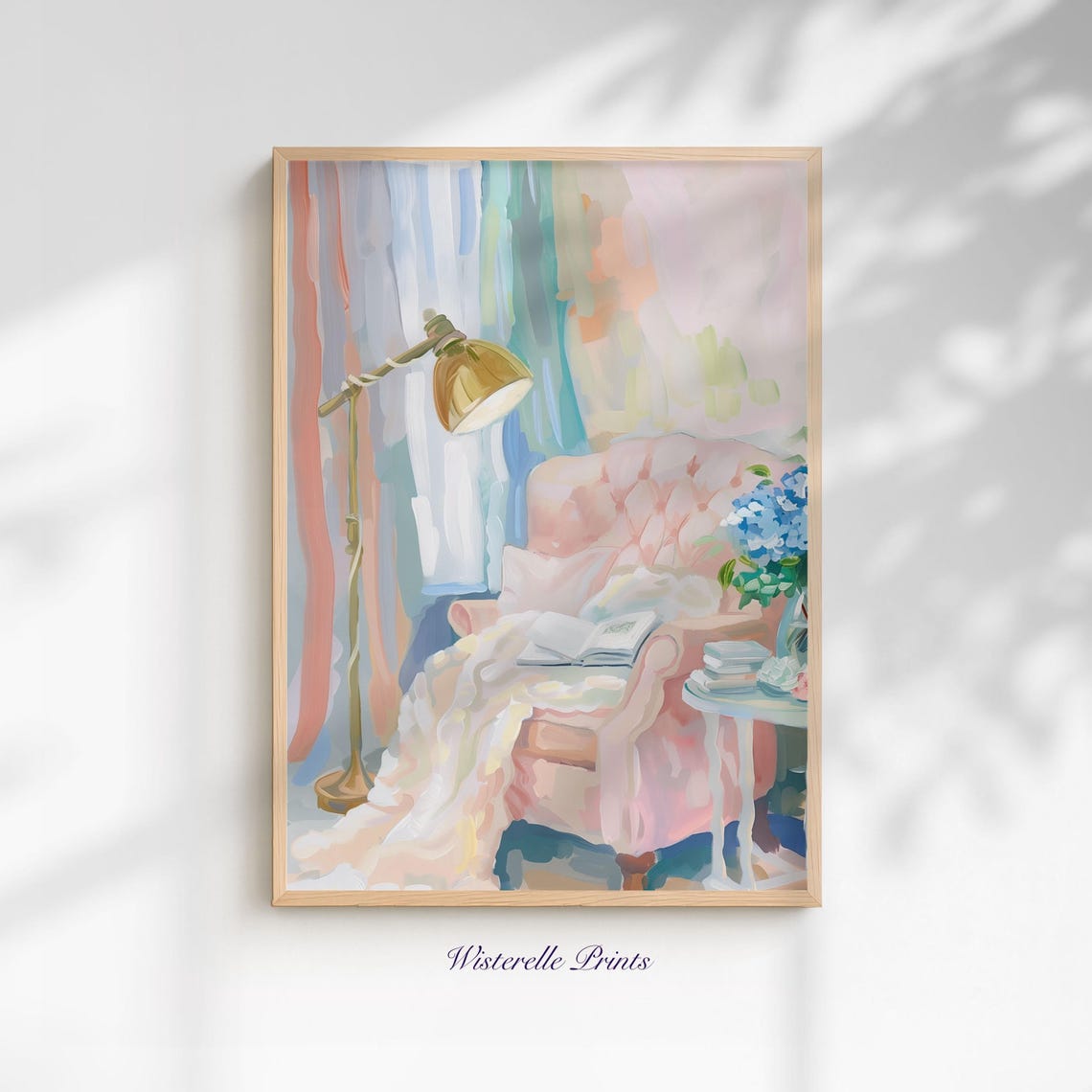 Cozy Pink Armchair Reading Nook Pastel Interior Still Life Art Poster