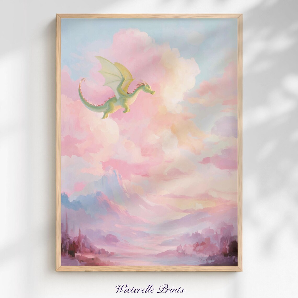 Green Dragon Flying Through Pink Clouds Pastel Fantasy Wall Art