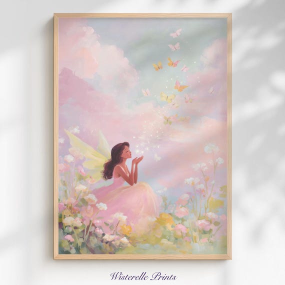 Fairy Wall Art Print Pastel Whimsical Floral Kids Room Decor