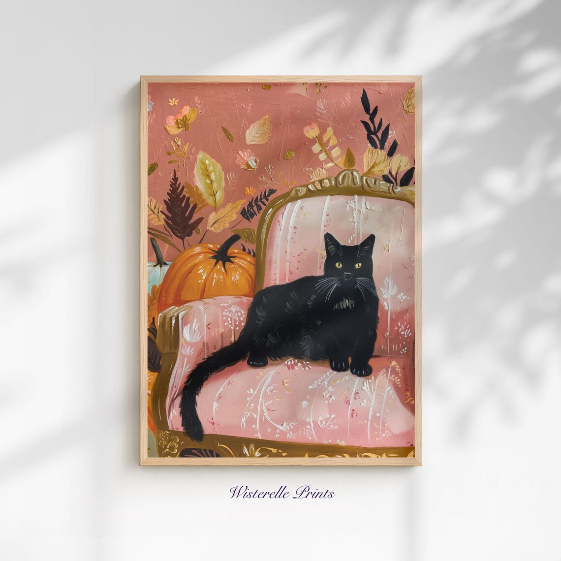 Black Cat Halloween Pastel Art Print, Pink Dreamscape