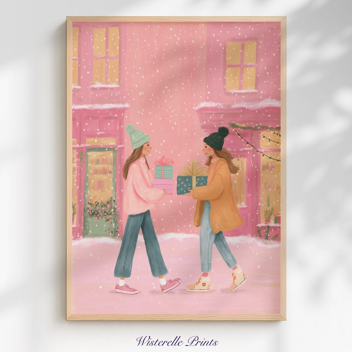 Friends Exchanging Christmas Gifts Poster Pink Winter Girls Holiday Art Scene