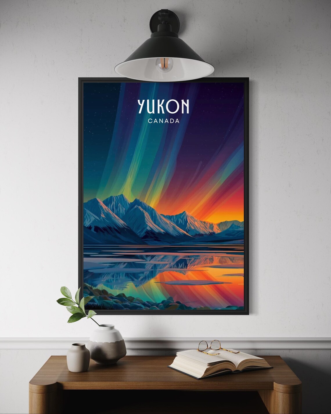 Yukon Canada Northern Lights Snow Mountains Night Lake Reflection Poster