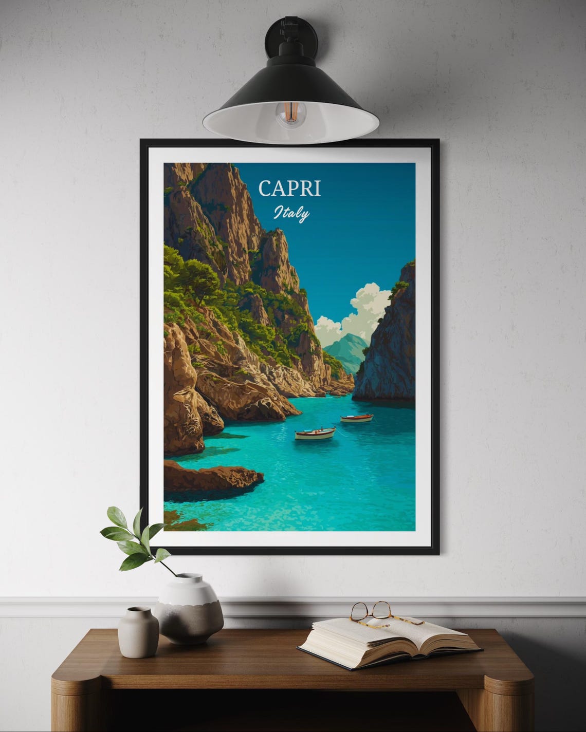 Capri Italy Vintage Turquoise Cove Limestone Cliffs Travel Poster