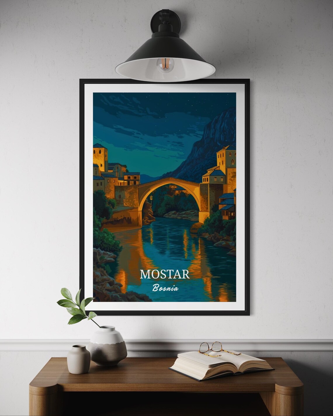 Mostar Bosnia Travel Poster Night Scene of Historic Bridge Over River