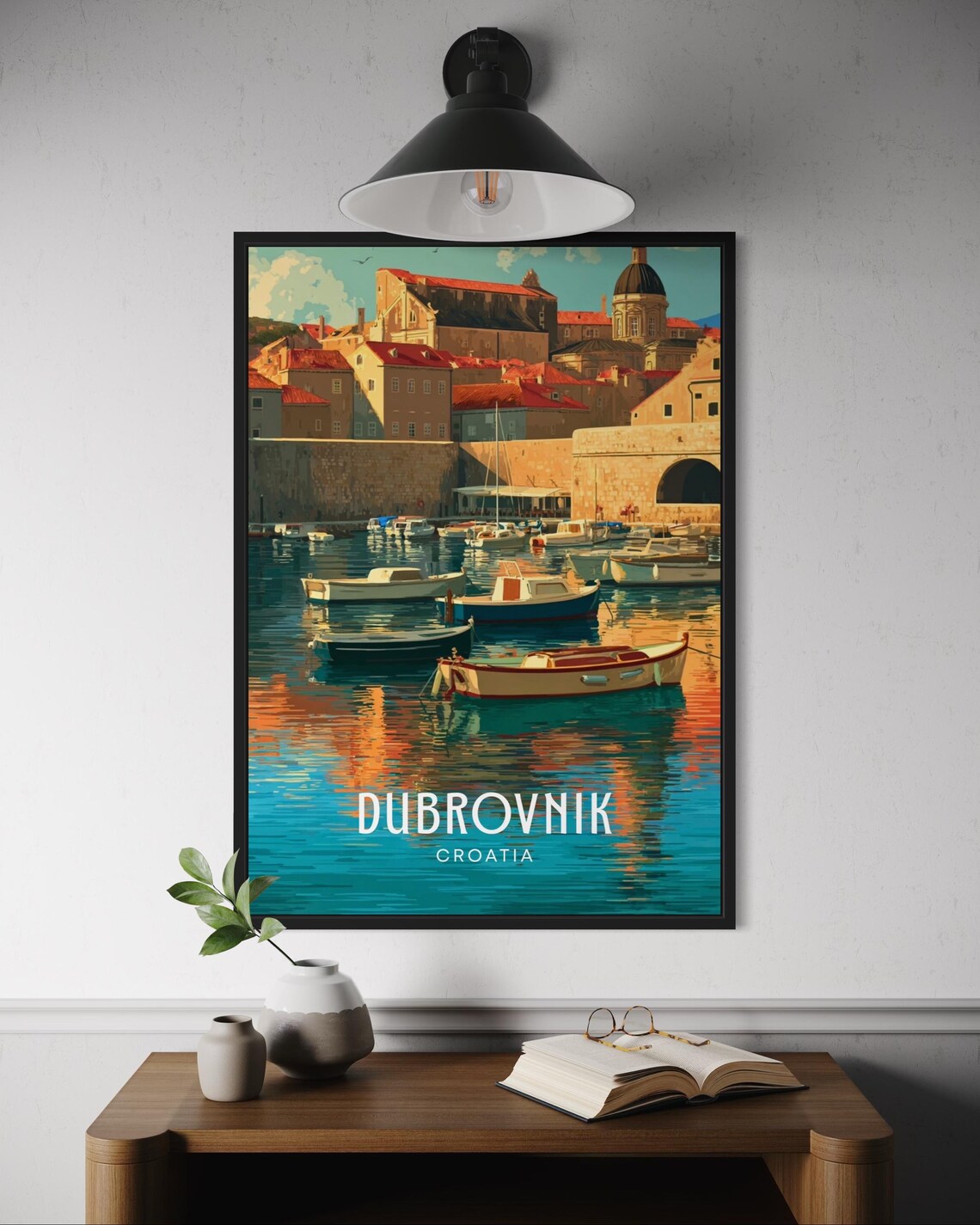 Dubrovnik Croatia Old Harbor Boats Golden Hour Mediterranean Travel Poster
