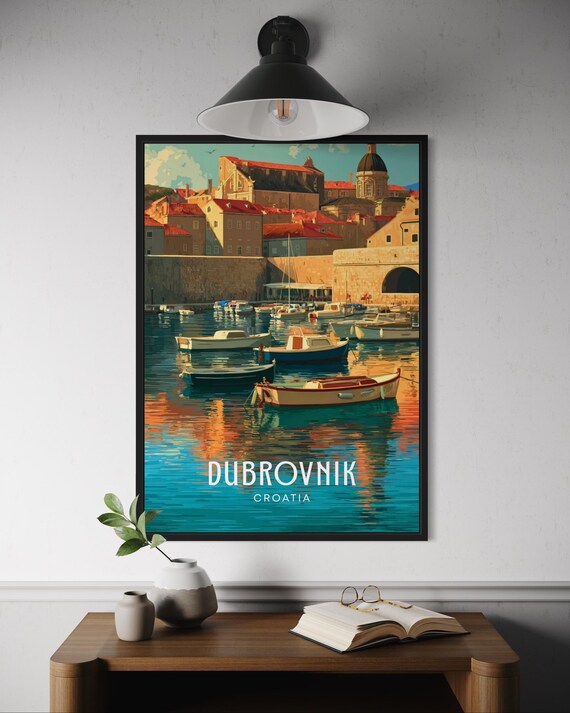Dubrovnik Croatia Old Harbor Boats Golden Hour Mediterranean Travel Poster