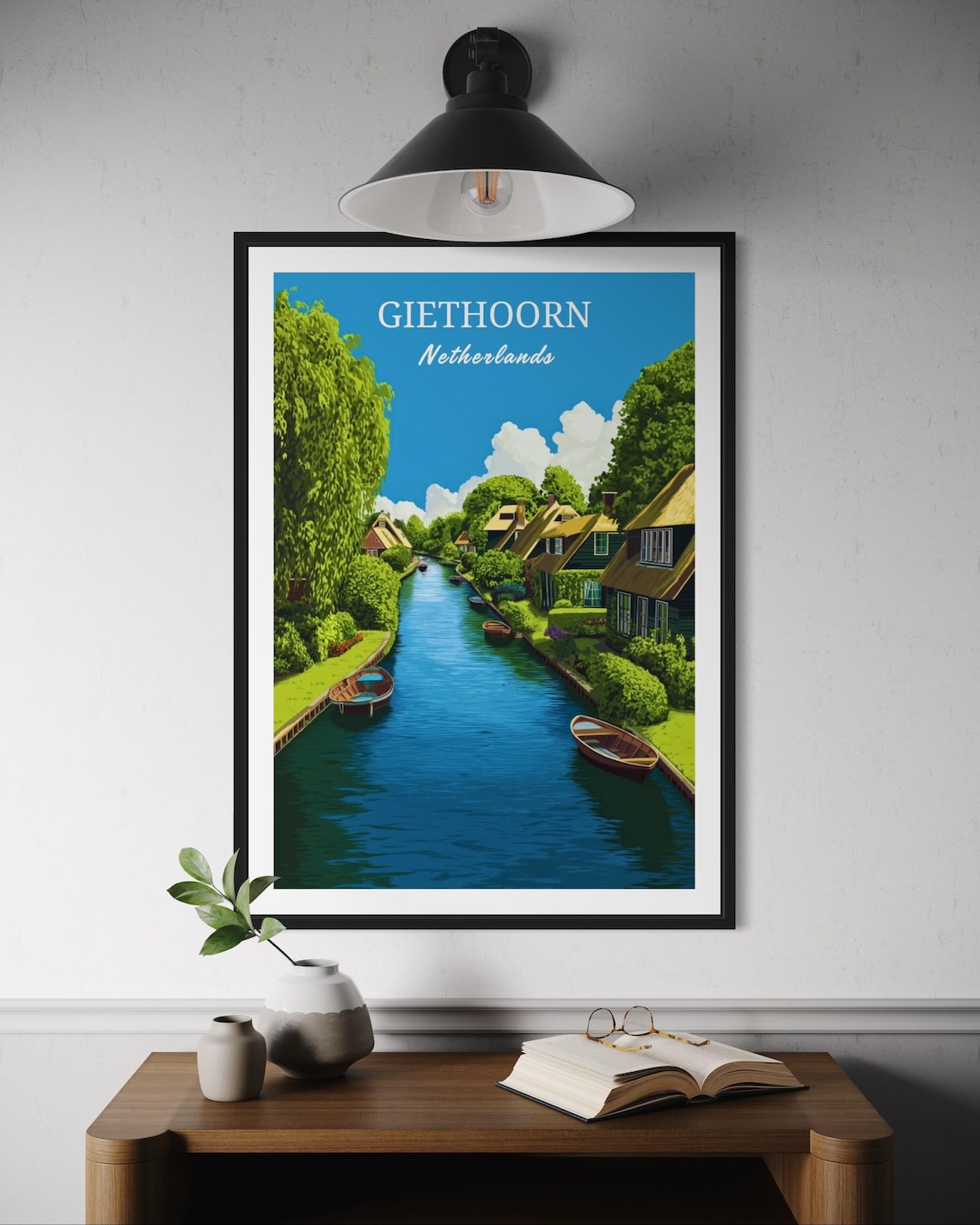 Giethoorn Netherlands Carfree Canal Village Boats Vibrant Travel Poster