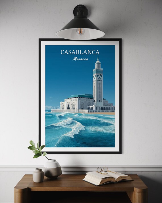 Casablanca Morocco Travel Poster Hassan Ii Mosque Wall Art Atlantic Coast Print North Africa Cityscape Moroccan Architecture Artwork