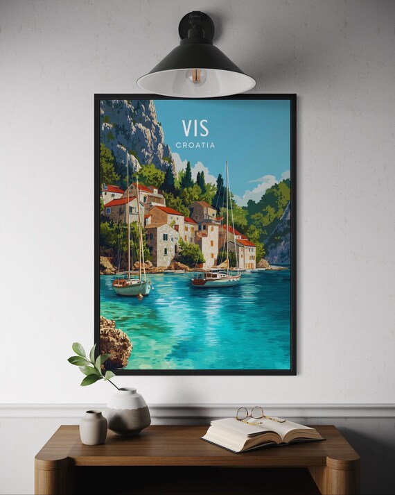 Vis Croatia Sailboats Turquoise Harbor Cliffs Island Travel Poster