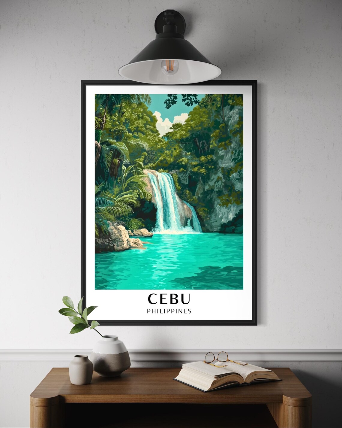 Cebu Kawasan Falls Travel Poster, Tropical Waterfall