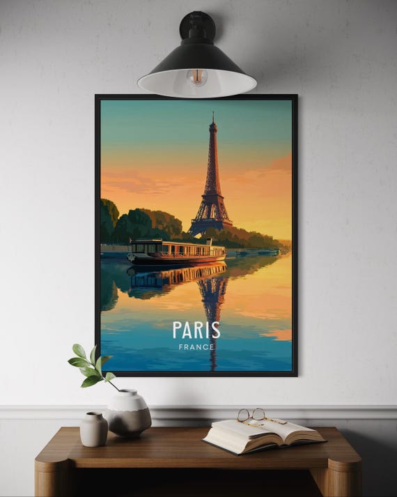 Paris Eiffel Tower Poster Seine River Cruise Wall Art Travel Print Romantic France Decor Iconic Landmark Illustration Europe