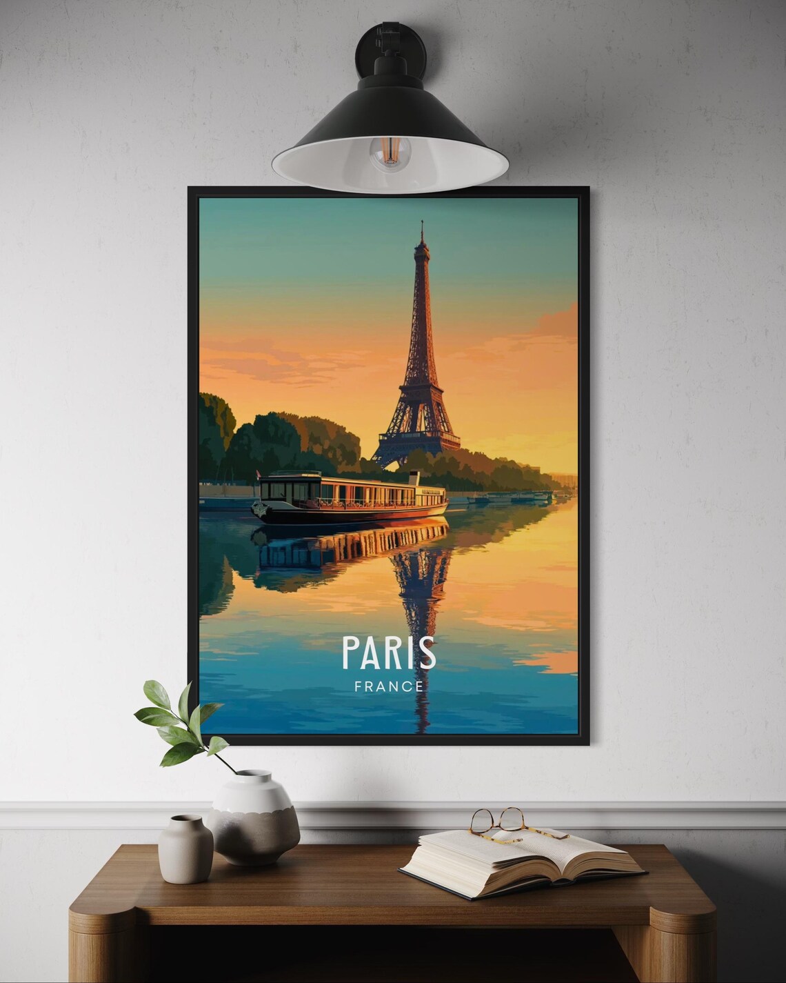 Paris France Eiffel Tower Seine River Cruise Sunset Romantic Travel Poster