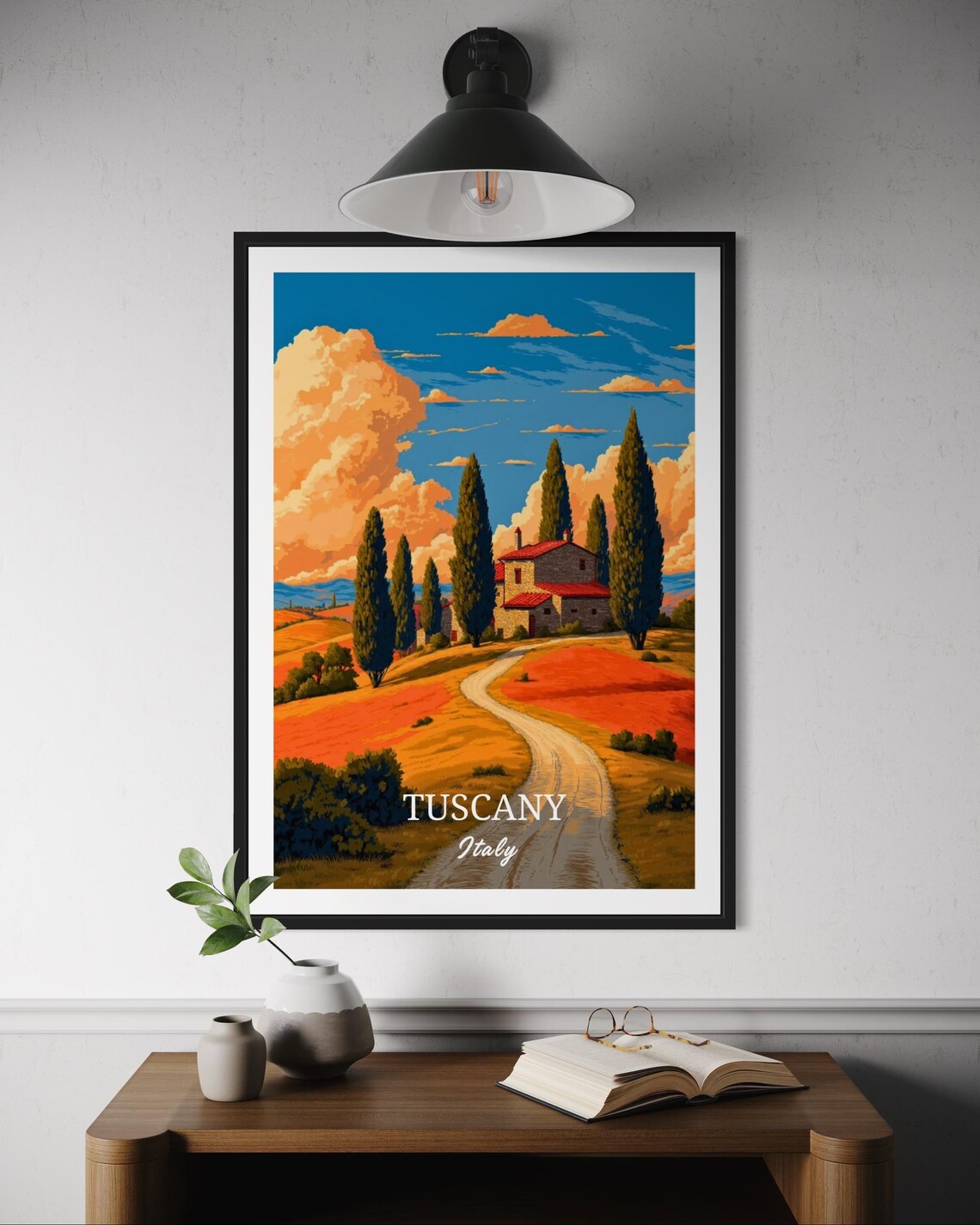Tuscany Italy Cypress Trees Farmhouse Rolling Hills Sunset Travel Poster
