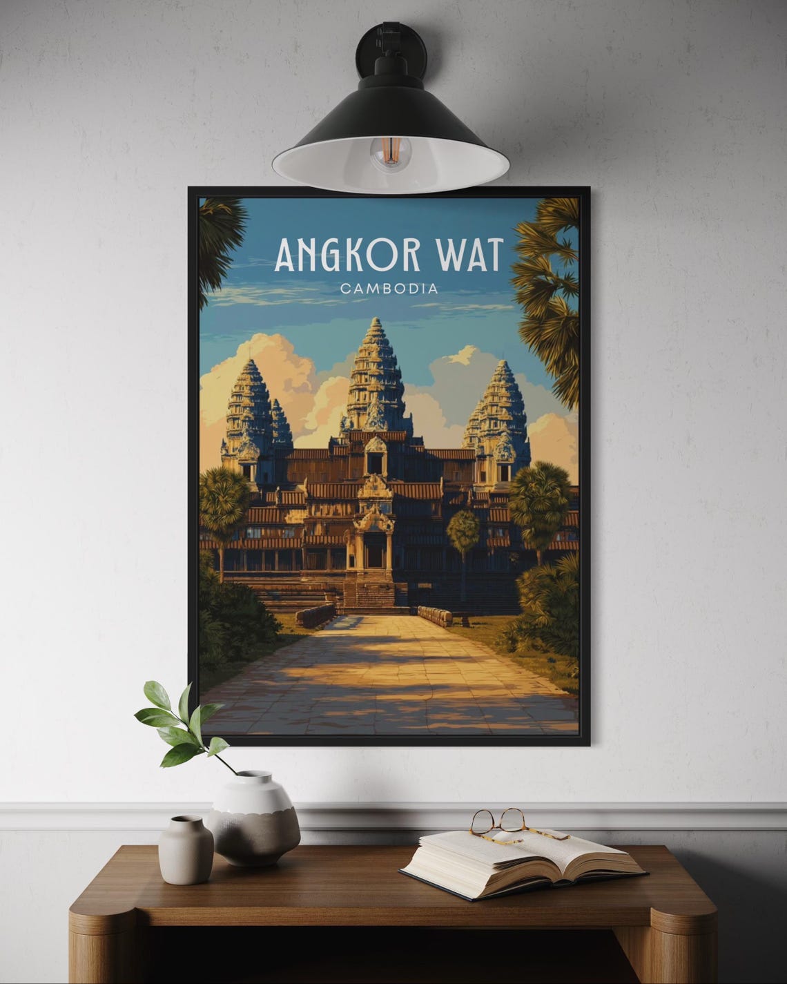 Angkor Wat Cambodia Poster with Sunset Over Ancient Temple Towers