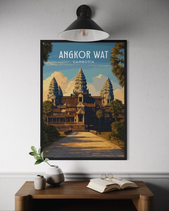 Angkor Wat Cambodia Poster Ancient Temple Wall Art Siem Reap Travel Print Southeast Asia Landmark Illustration Tropical Nature Scene