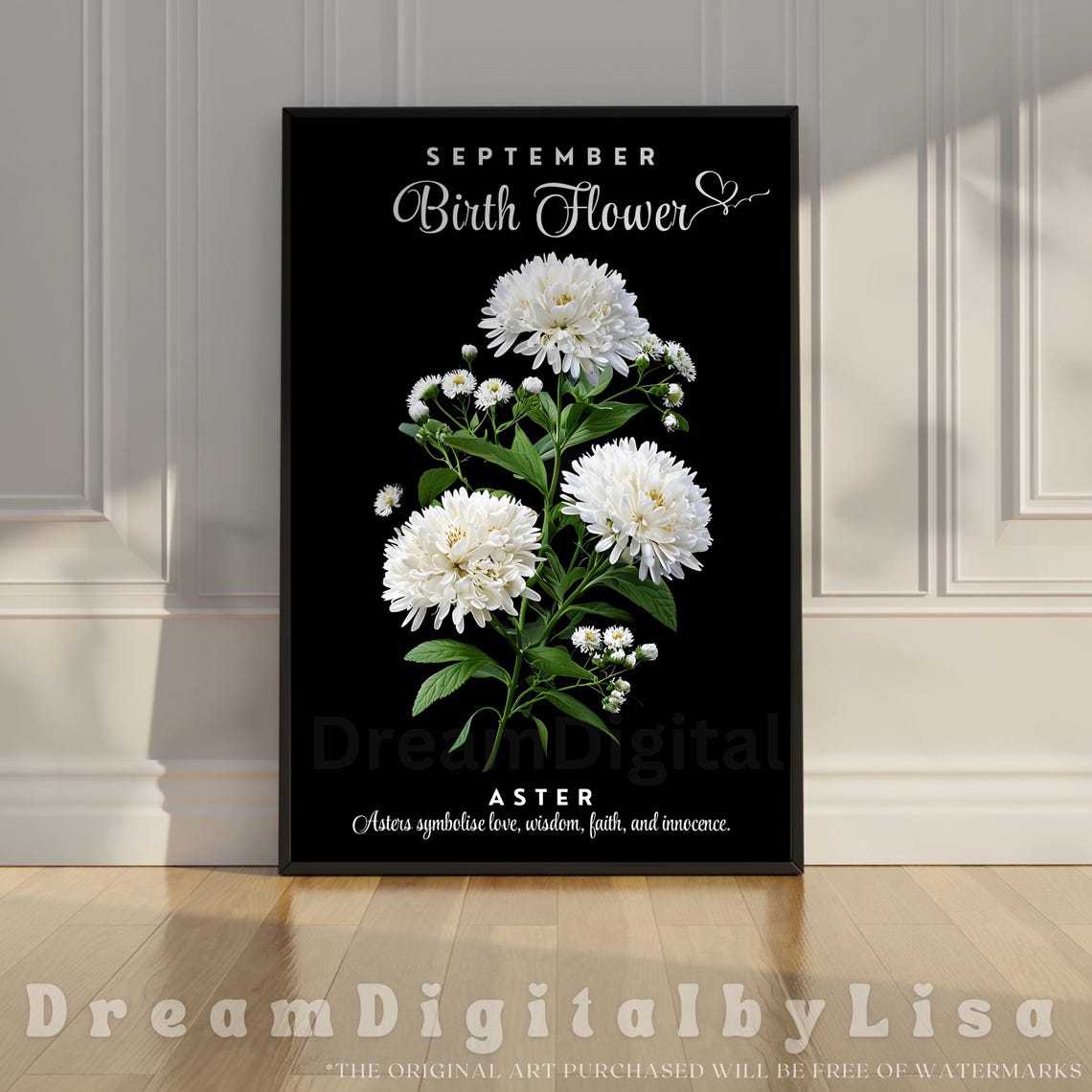 September Birth Flower Aster White Botanical Floral Gift Poster