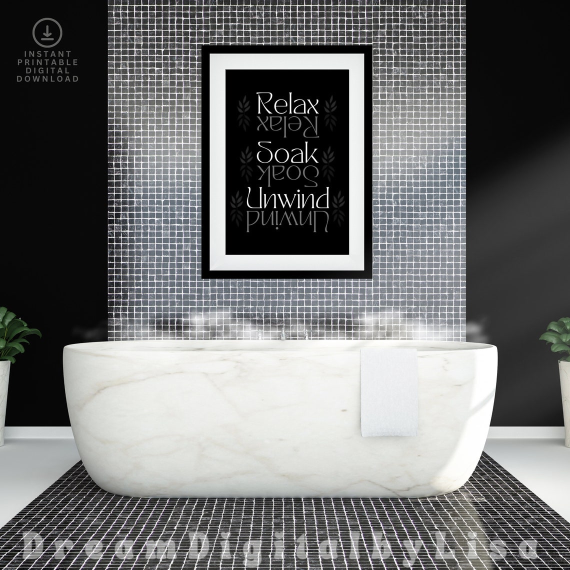 Relax Soak Unwind Black Bathroom Wall Decor Typography Poster - Image 4