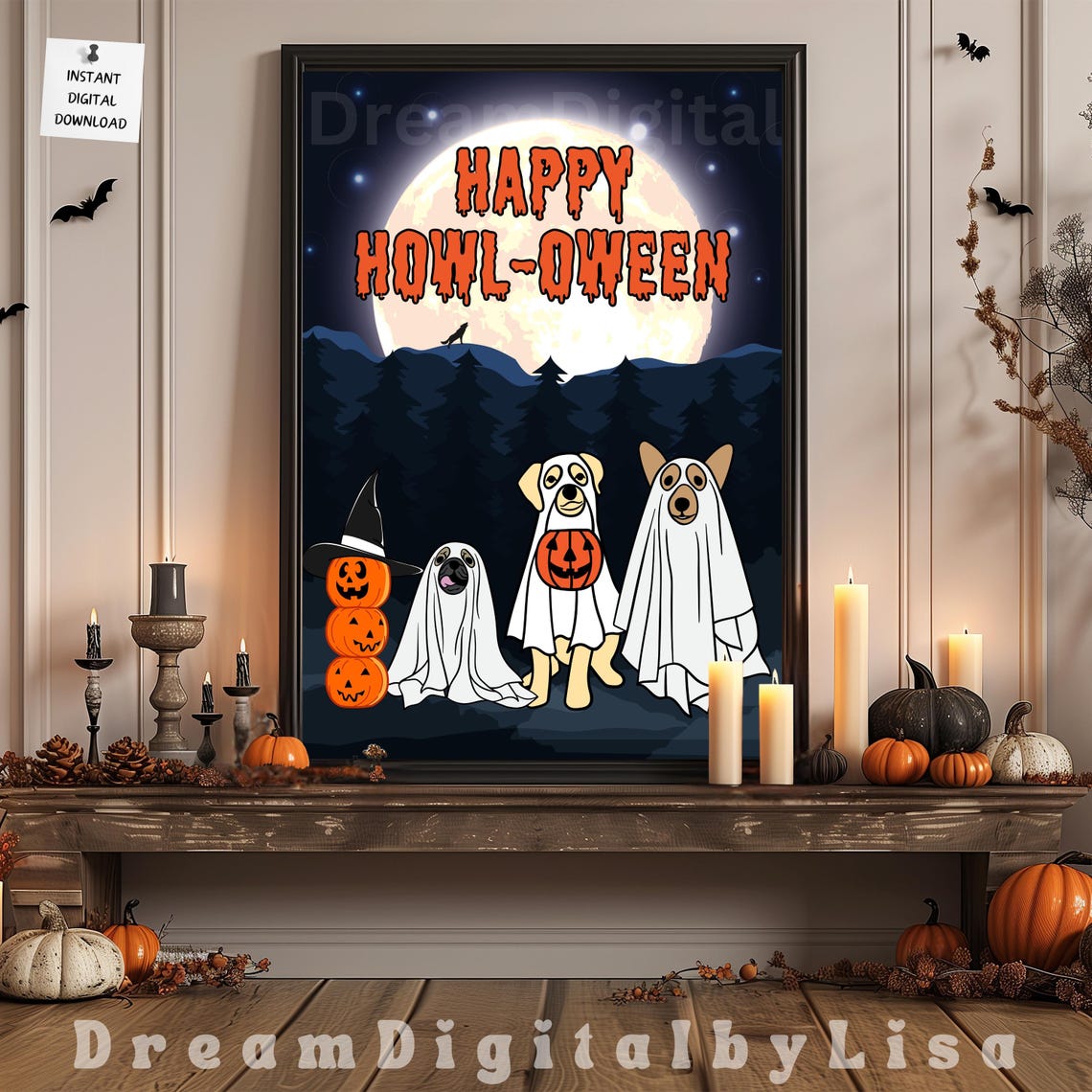 Happy Howl-Oween Costumed Dogs Under Full Moon Halloween Poster