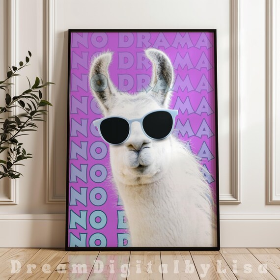 No Drama Llama in Sunglasses Funny Animal Quote Purple Pop Art Poster