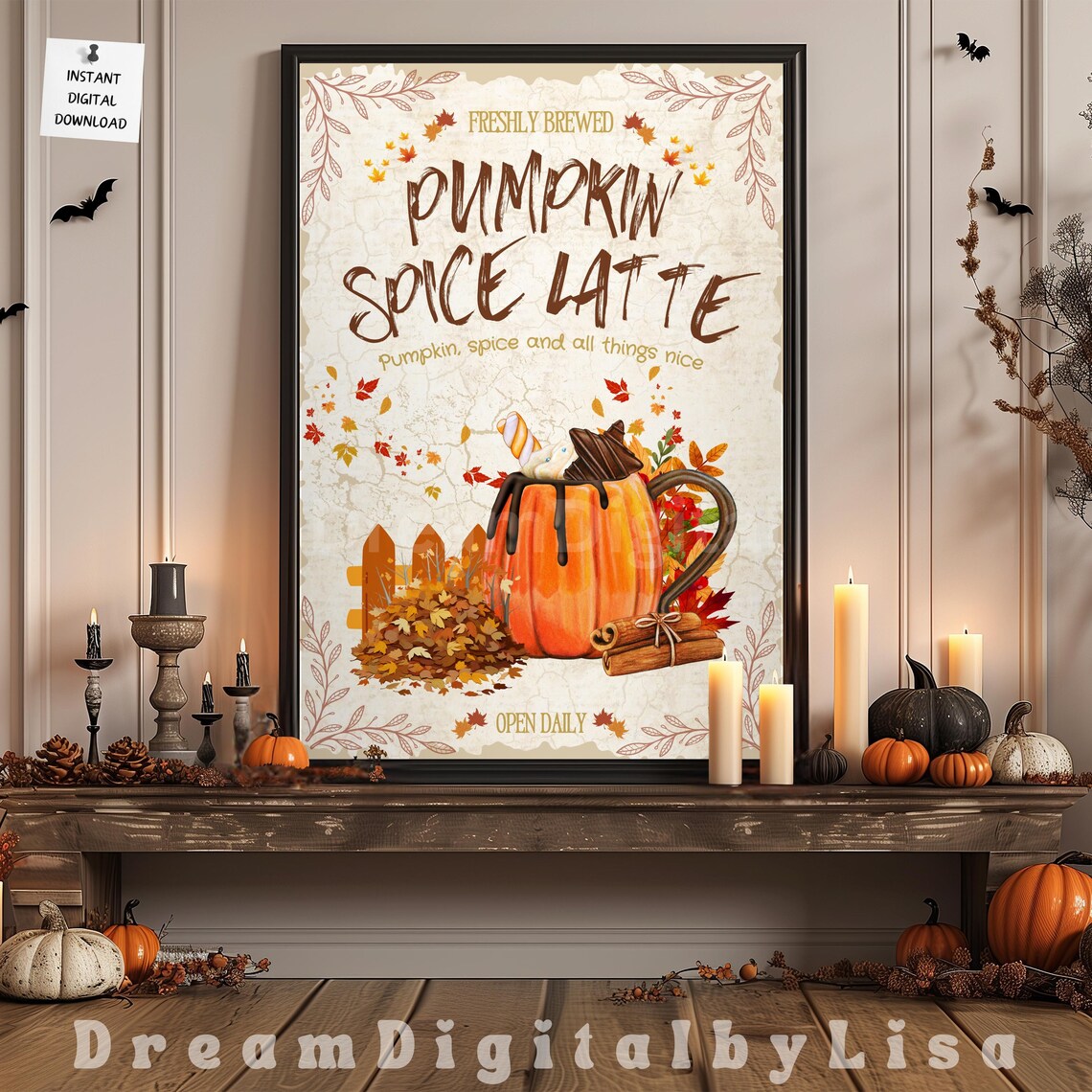 Freshly Brewed Pumpkin Spice Latte Poster Autumn Coffee Shop Sign Art