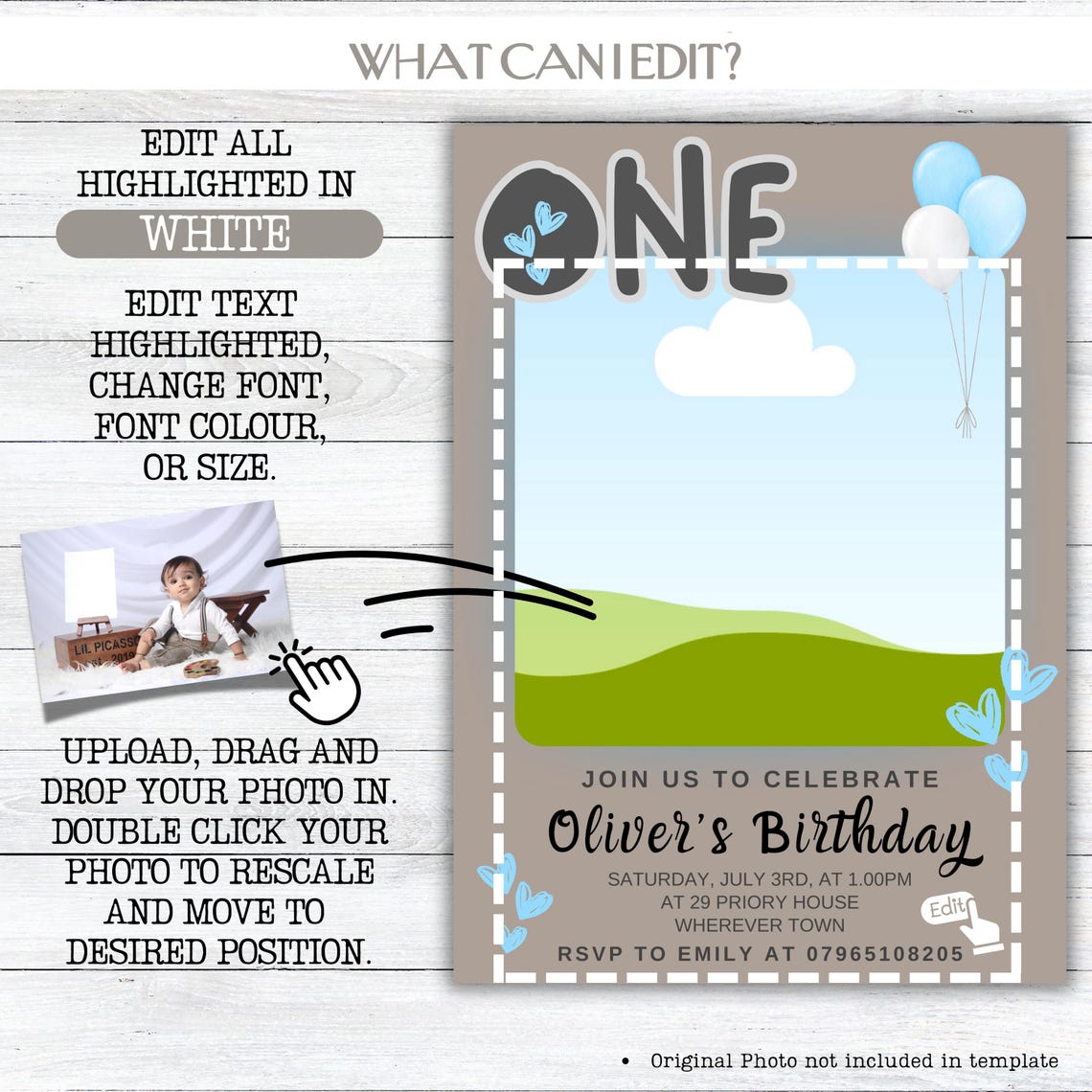 Editable First Birthday Invitation Card Photo Blue Balloon Party Print - Image 3