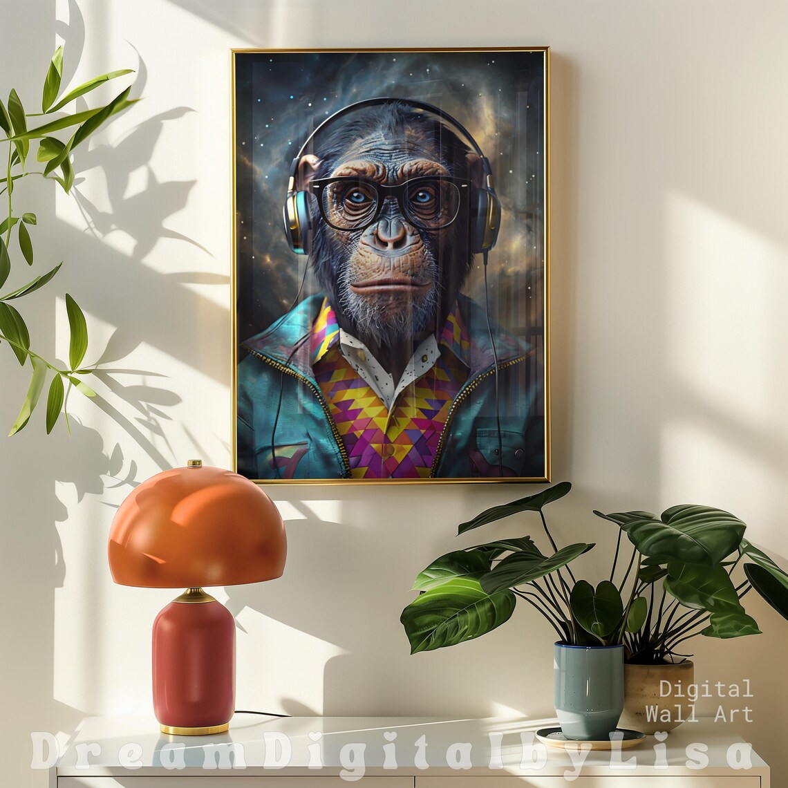 Whimsical Chimpanzee Wearing Headphones Art Print - Image 2