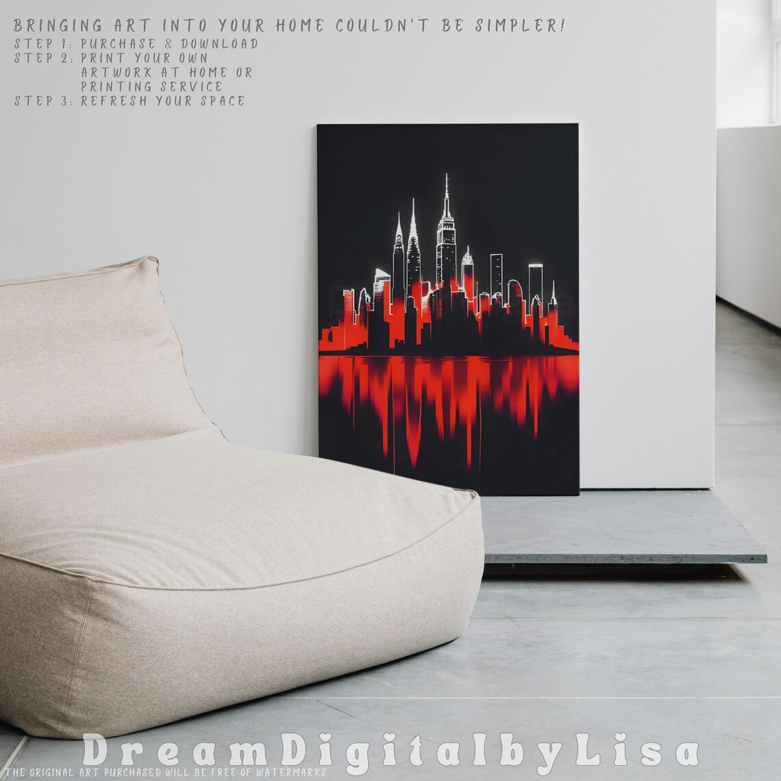 New York City Red Neon Skyline Reflection Black Night Poster - Image 3