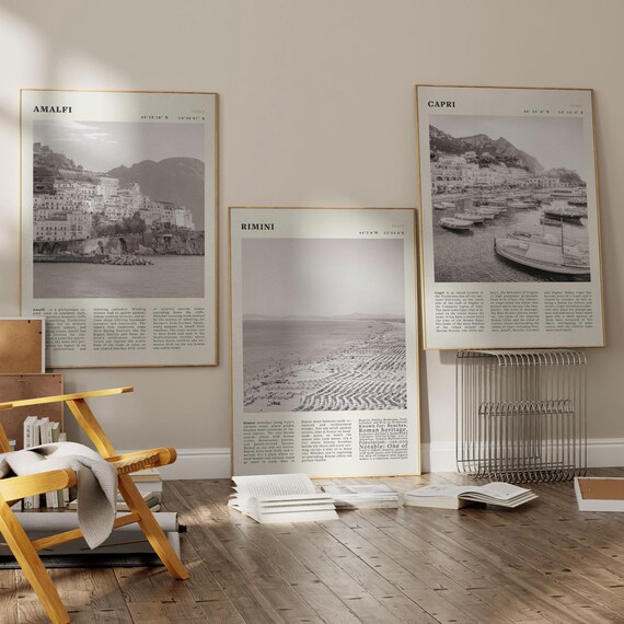 Italy Coast Trio Amalfi Rimini Capri Black and White Travel Gallery Wall Art