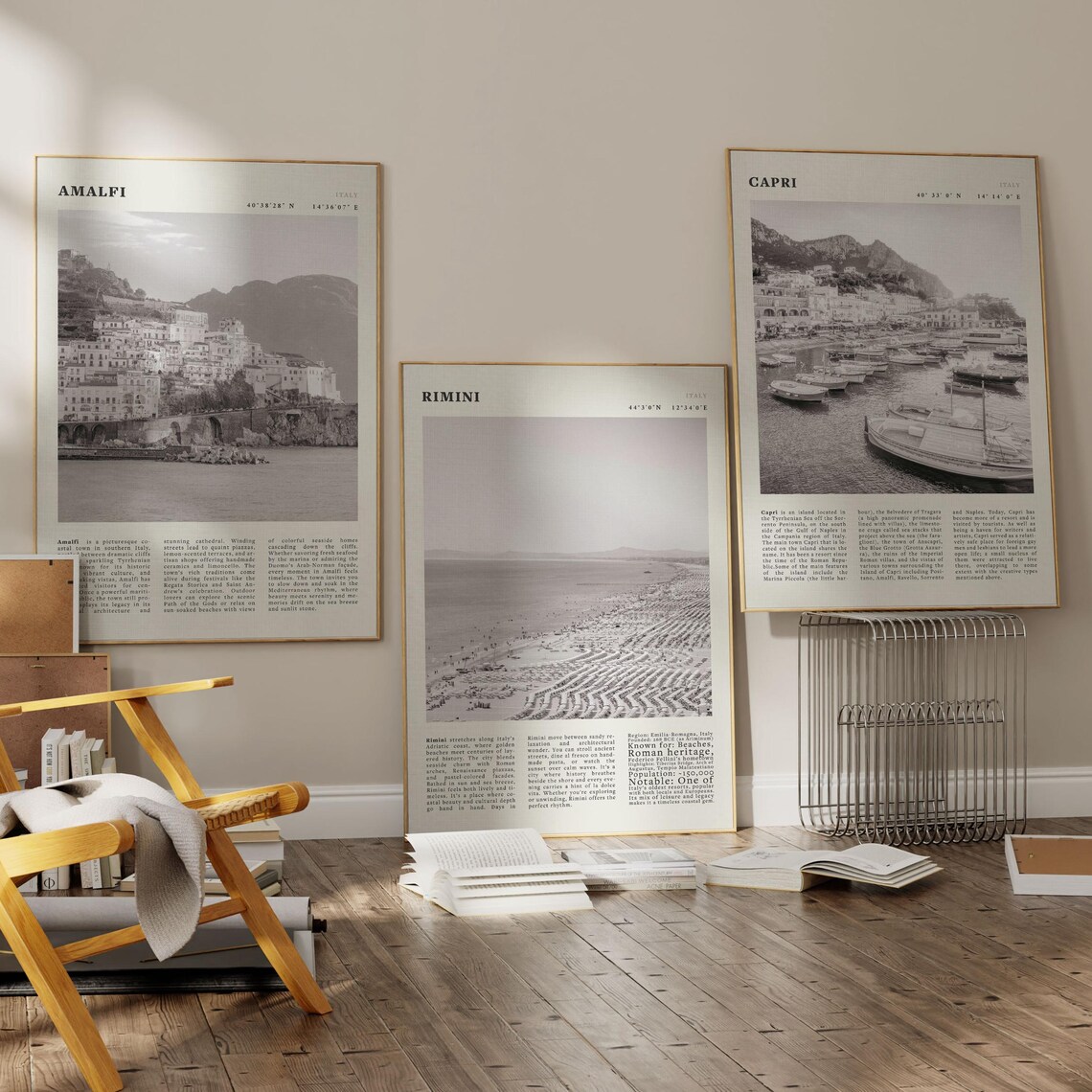 Italy Coast Trio Amalfi Rimini Capri Black and White Travel Gallery Wall Art