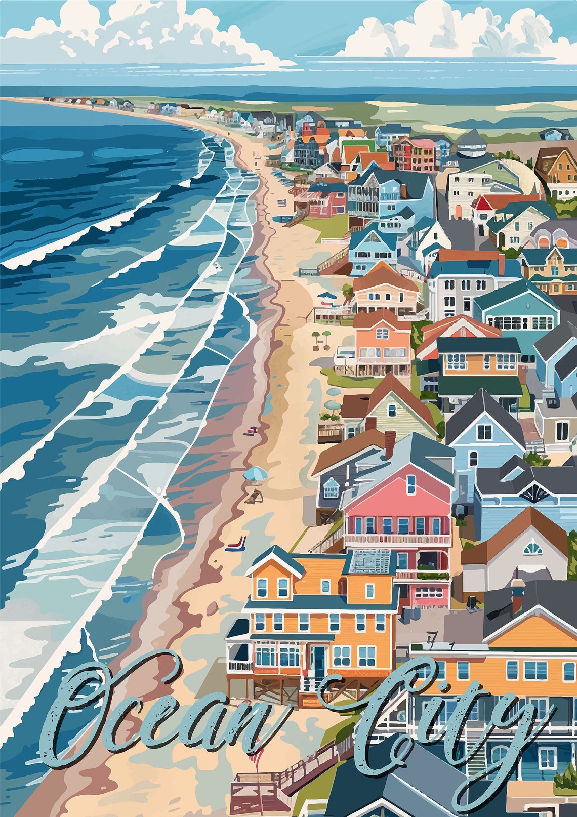 Ocean City Beach Town Aerial with Colorful Houses Summer Poster