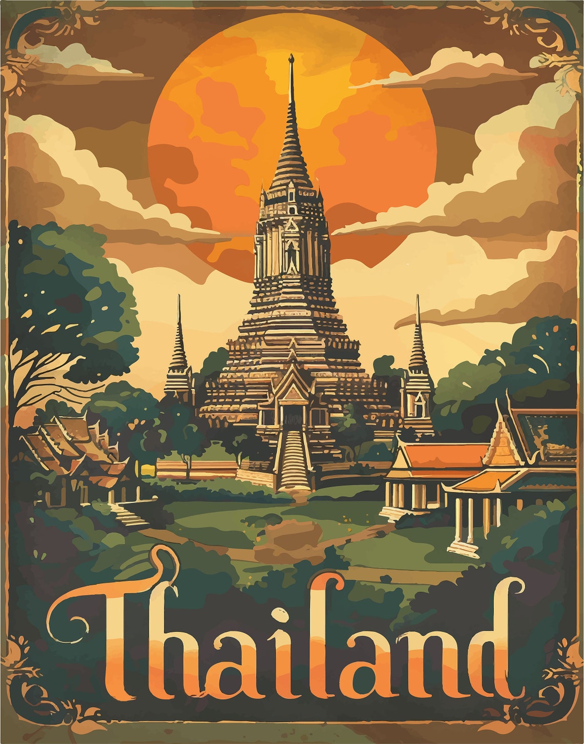 Thailand Temple at Sunset with Giant Sun Vintage Travel Poster