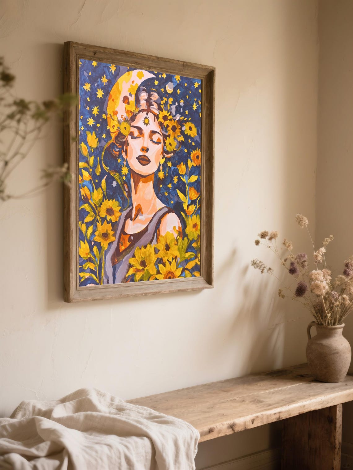 Handpainted Moon Goddess Canvas Wall Art Celestial Woman Flowers Stars