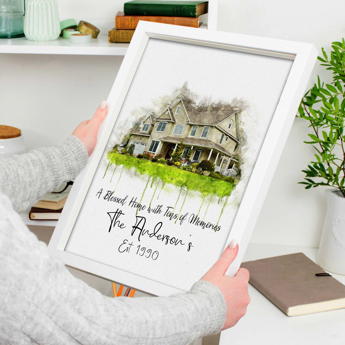 Large Family Home Watercolor Blessed Home Memories Est 1990 Poster