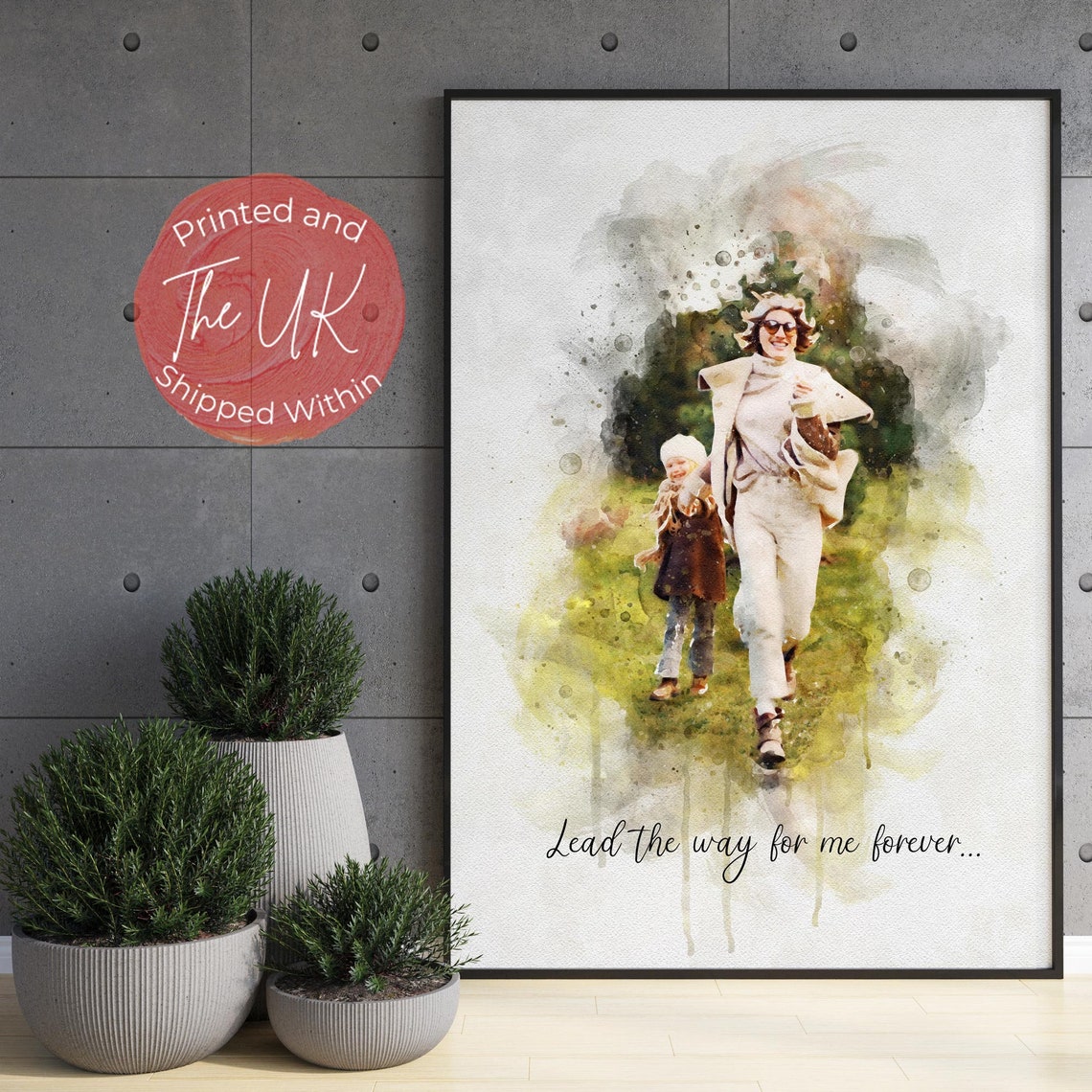 Mum Hugging Two Daughters in Winter Watercolour Portrait Text Poster - Image 3