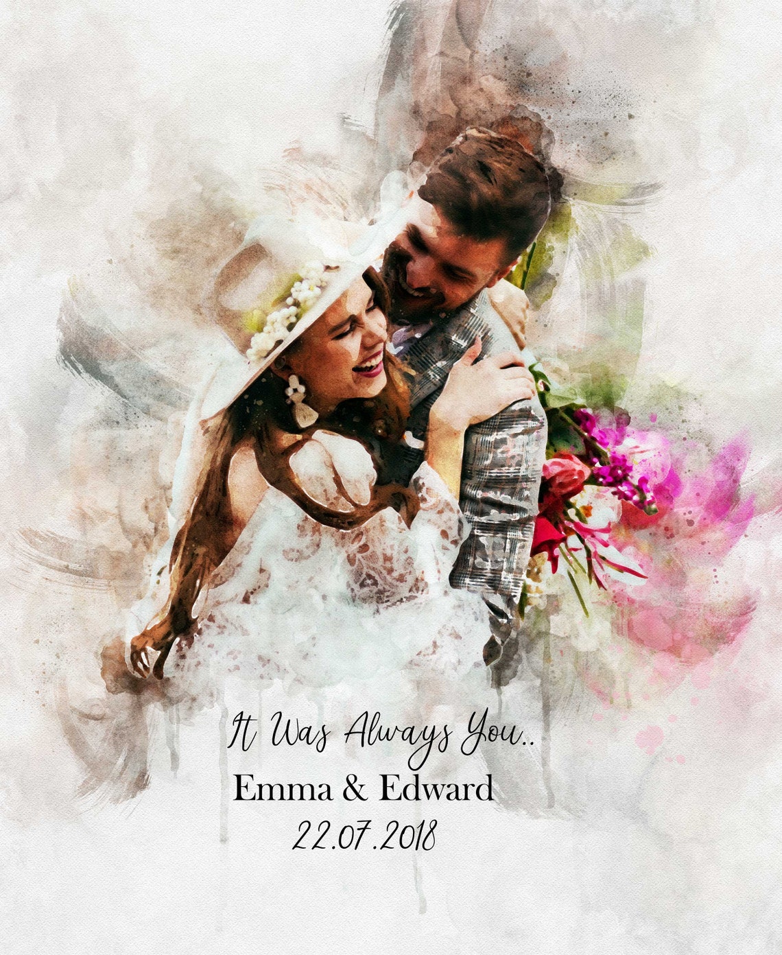 Watercolor Bride Groom Portrait Wedding Date Keepsake Poster - Image 3