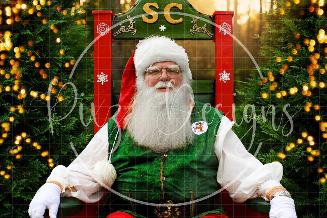 Santa Claus On Grand Chair Green Vest Christmas Tree Backdrop Poster