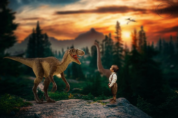Dinosaur Cliff Backdrop, Dino Fantasy Art Print