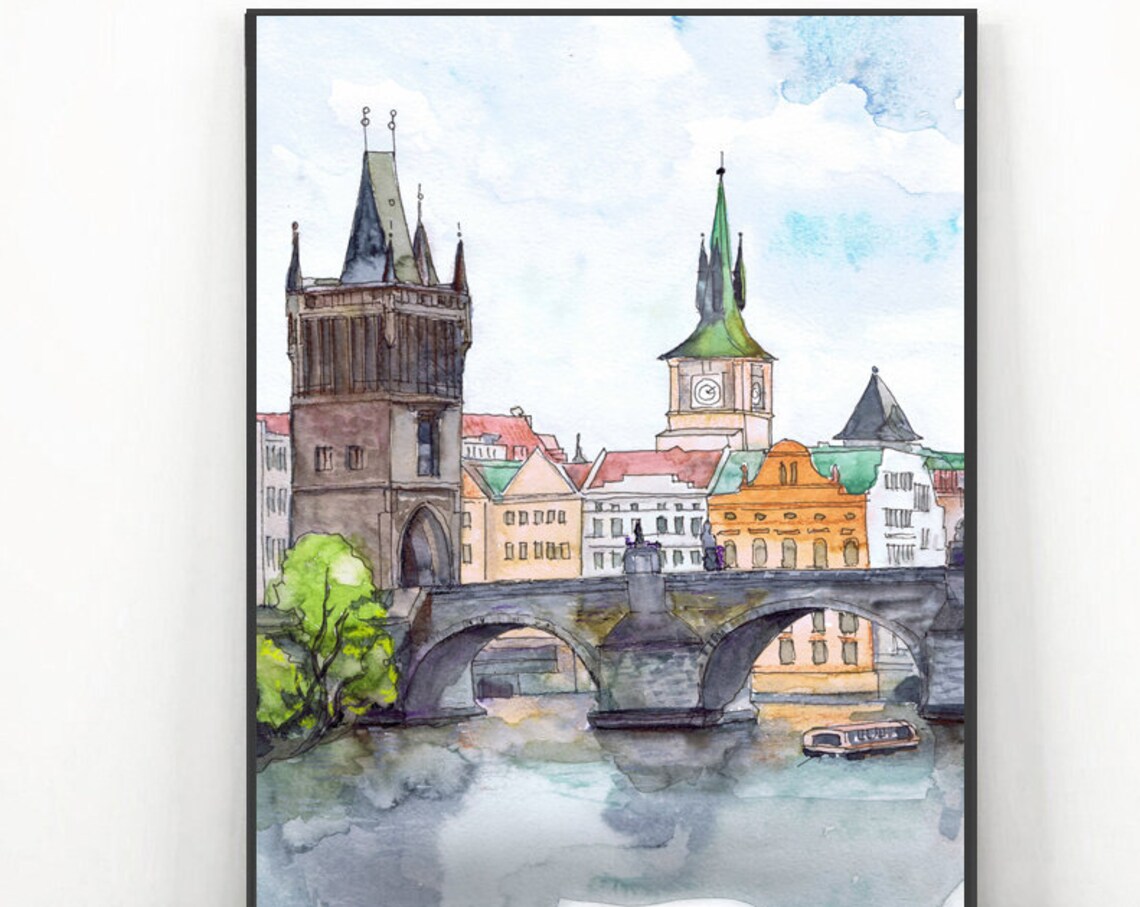 Prague, Czech Republic Travel Poster, Watercolor