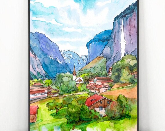 Lauterbrunnen Switzerland Alps Waterfall Village Watercolor Travel Poster