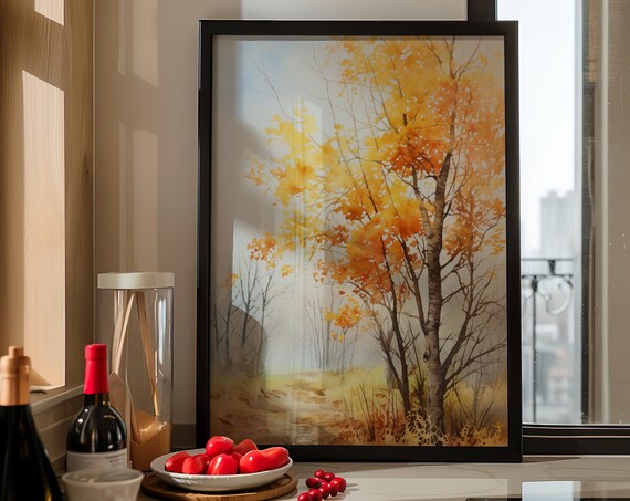 Autumn Birch Trees Golden Forest Path Watercolor Landscape Poster