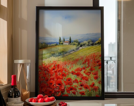 Red Poppy Field Watercolor Landscape Farmhouse Hills Art Poster